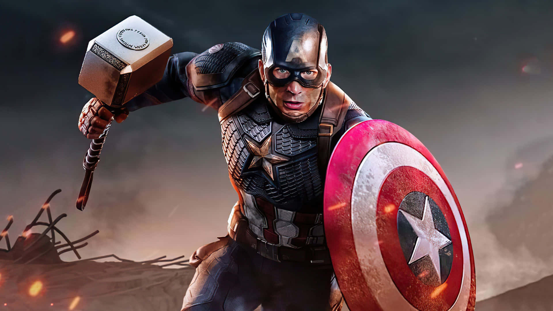 Captain America With Mjolnirand Shield Wallpaper