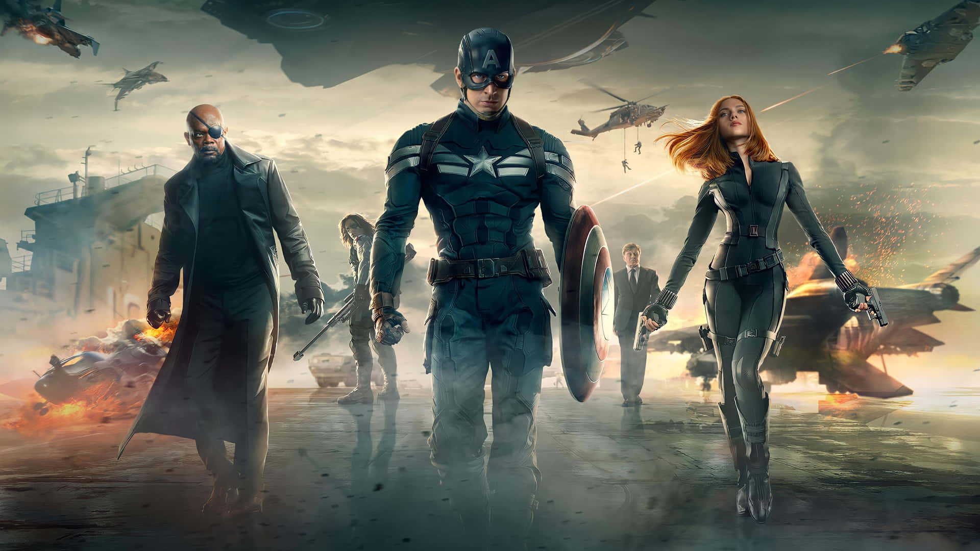 Captain America En Team Wandelen Naar Slag Achtergrond