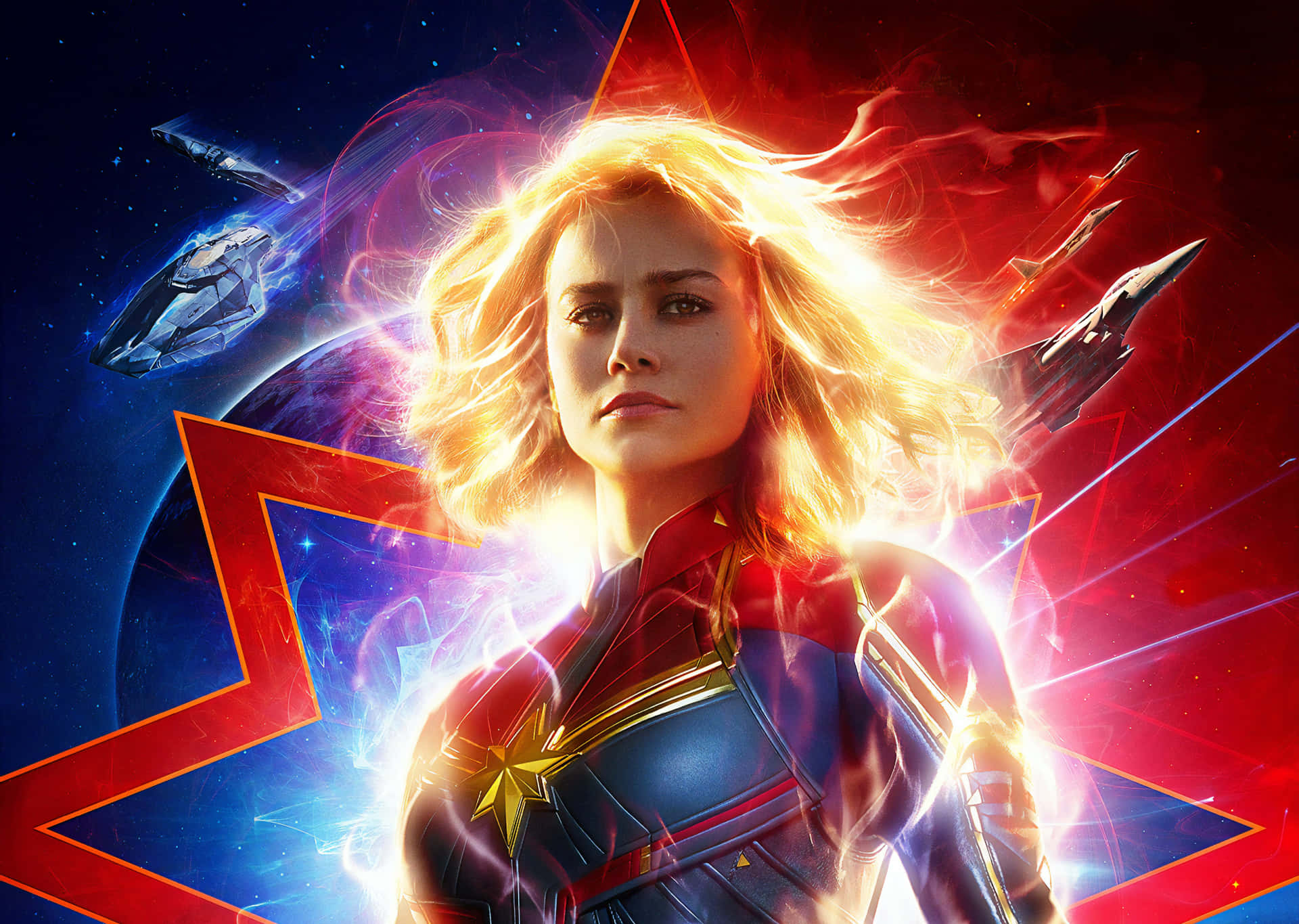 The fierce and heroic Captain Marvel soars in this 3D wallpaper! Wallpaper