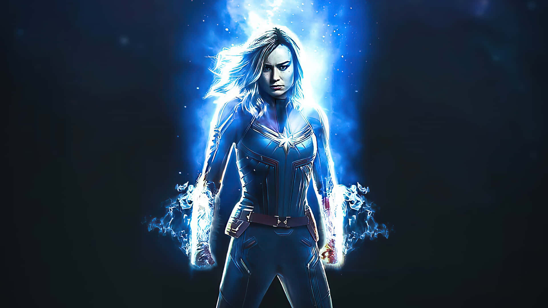 Brielarson Come Captain Marvel In Un'immagine 3d Con Un'estetica Oscura Di Colore Blu. Sfondo