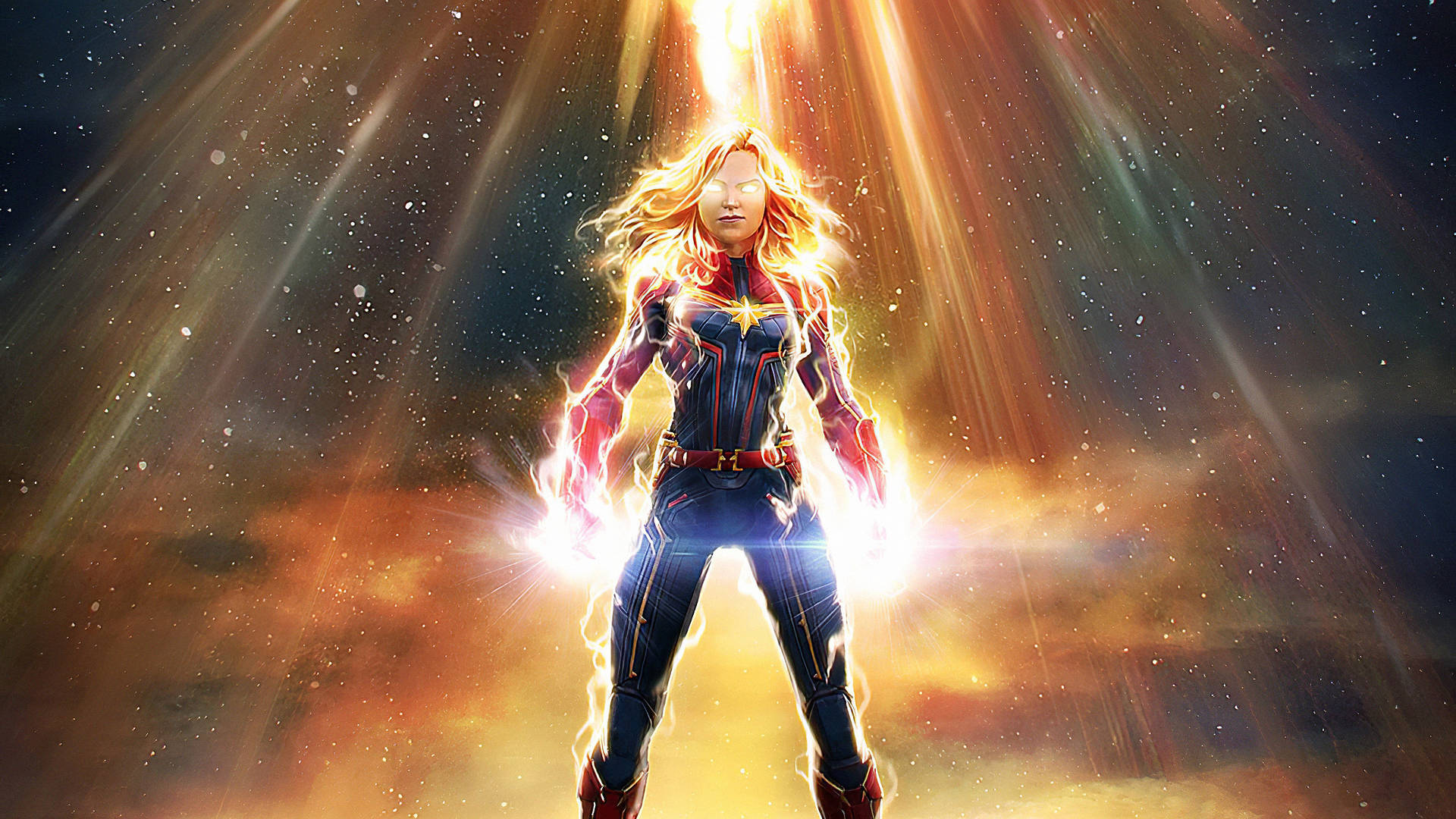 Captain Marvel on her computer Wallpaper