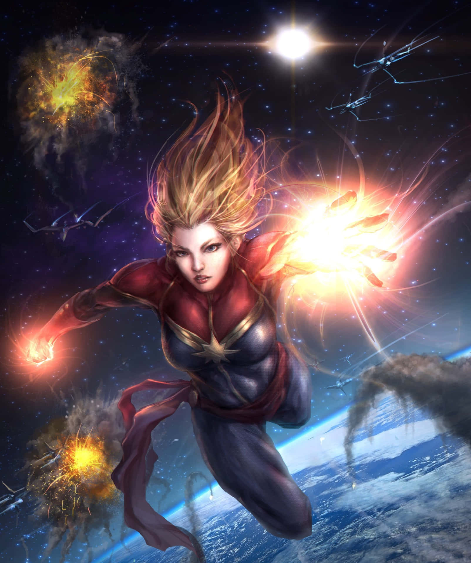 Captain Marvel Power Flight Space Wallpaper