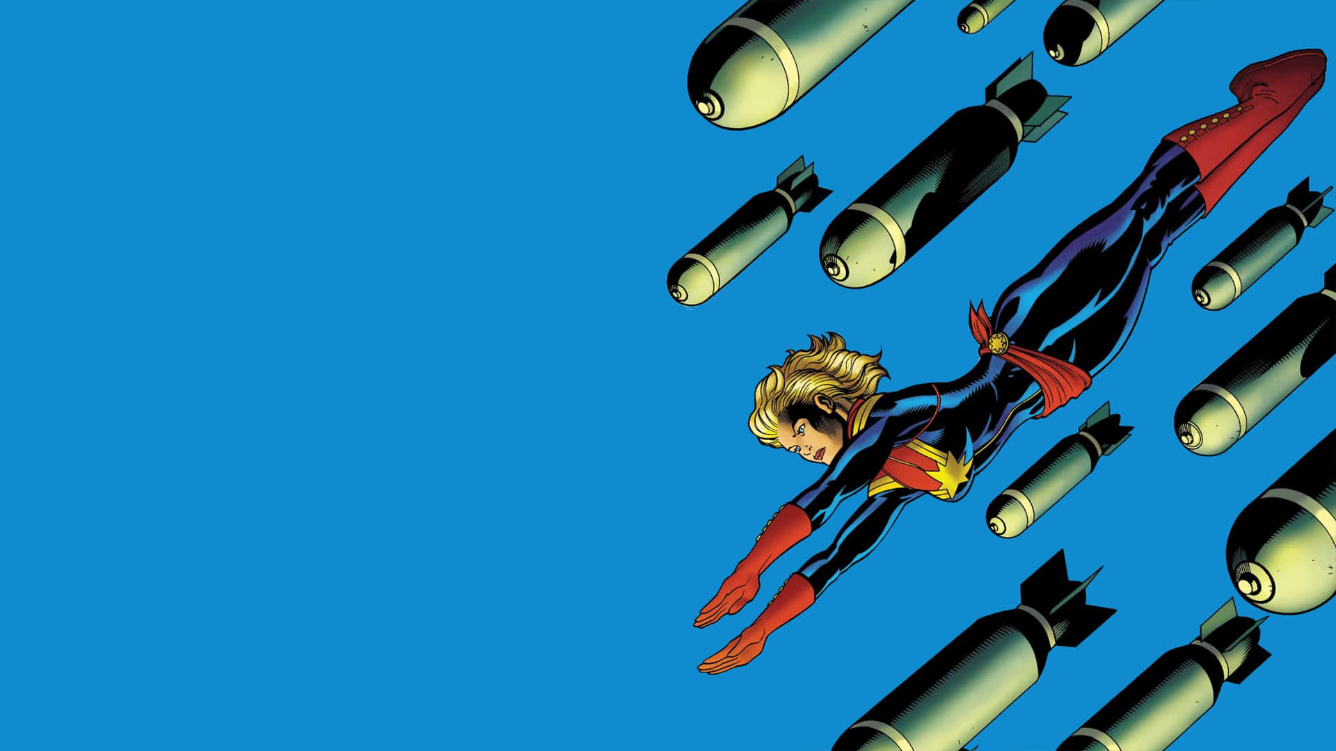 Captain Marvel Soaring Among Missiles Wallpaper