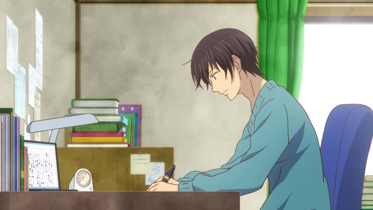 Caption: Adorable Cat And Male Character Enjoying A Quiet Moment In "my Roommate Is A Cat" Anime Series Wallpaper