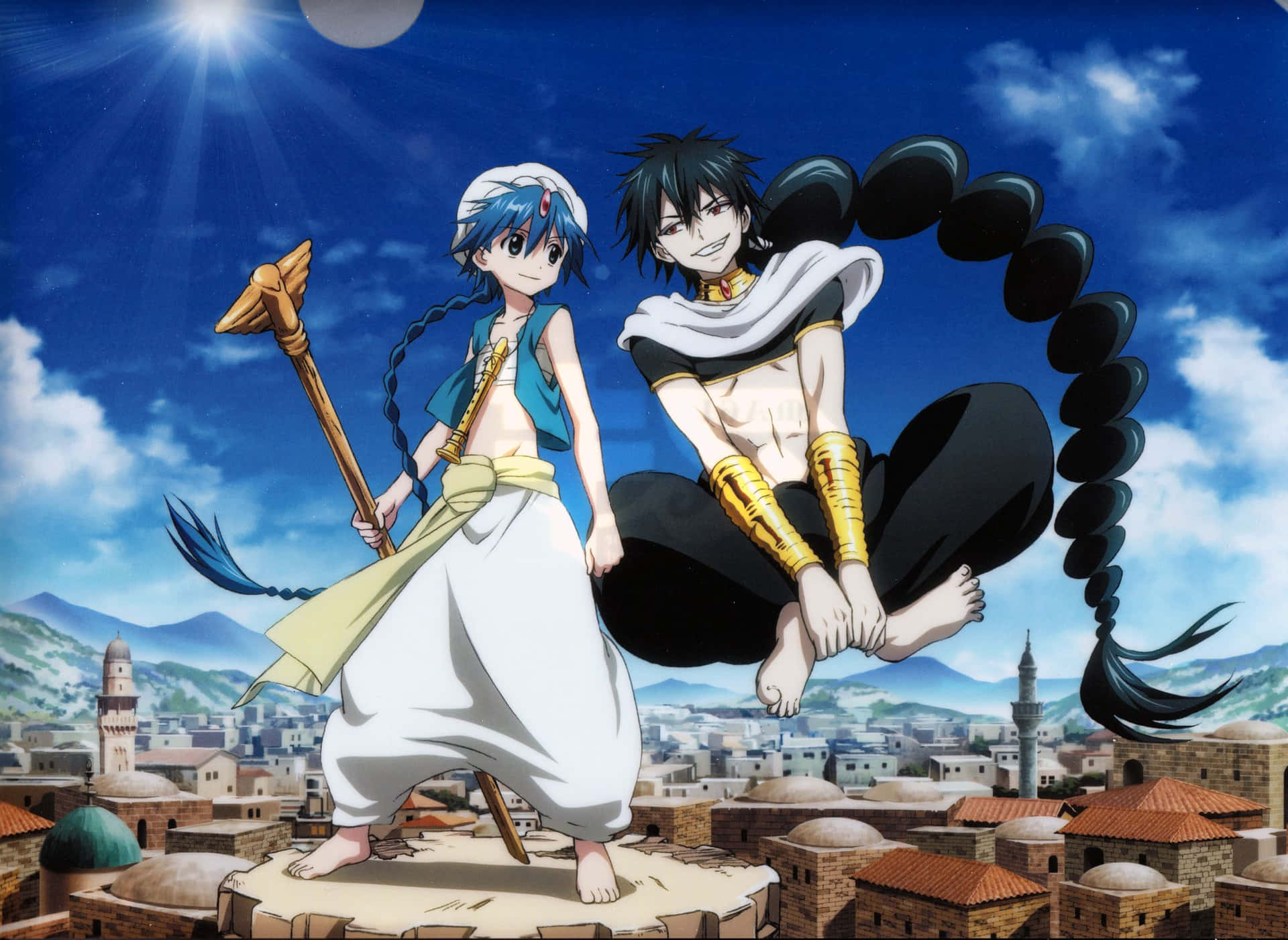 Caption: Aladdin In His Magical Adventure With The Djinn Ugo In The Fantasy Anime Series, Magi: The Labyrinth Of Magic Wallpaper