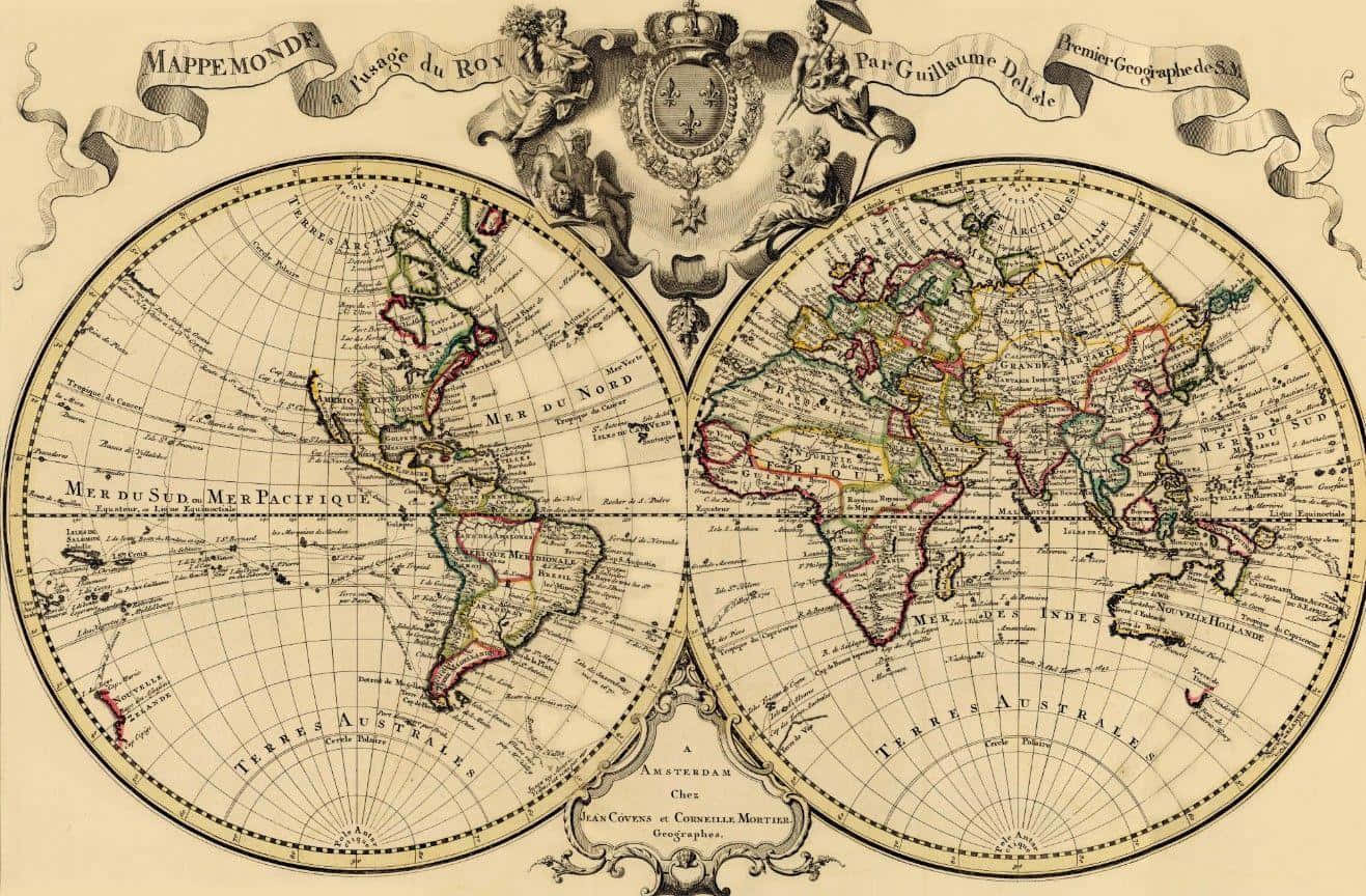 Caption: Antique World Map Illuminated By Candlelight Wallpaper