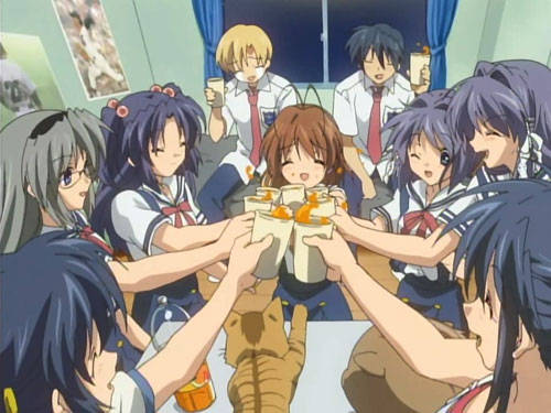 Caption: Clannad Anime Characters In Blue Backdrop Wallpaper