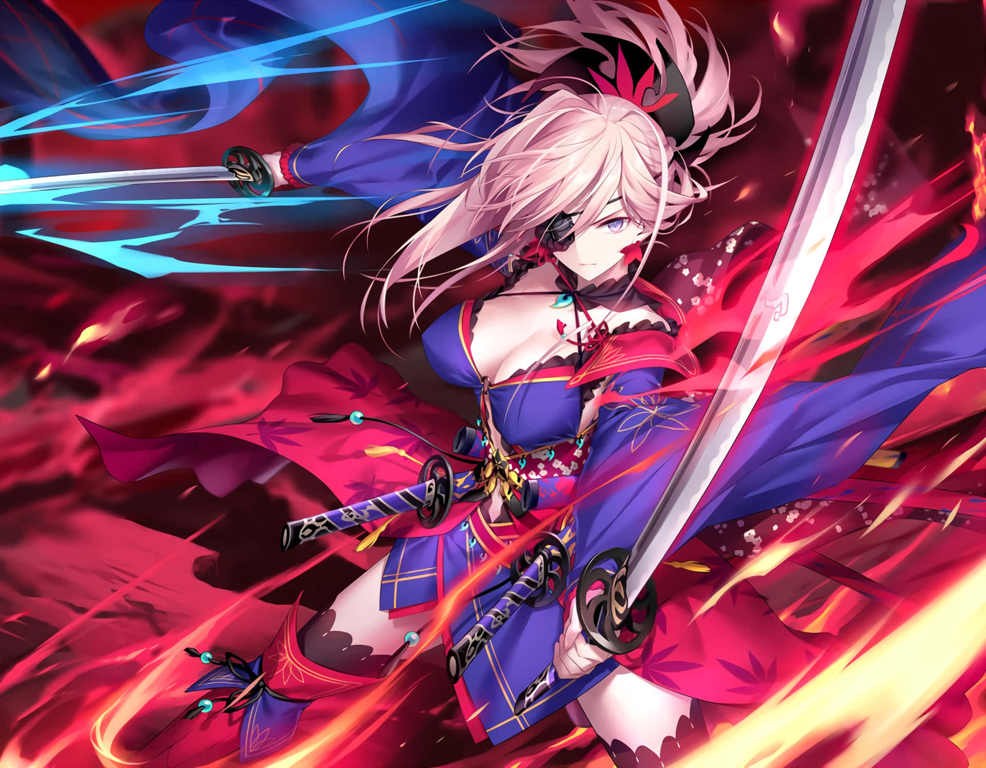 Caption: Fate Grand Order Musashi Miyamoto In A Dynamic Battle Stance Wallpaper