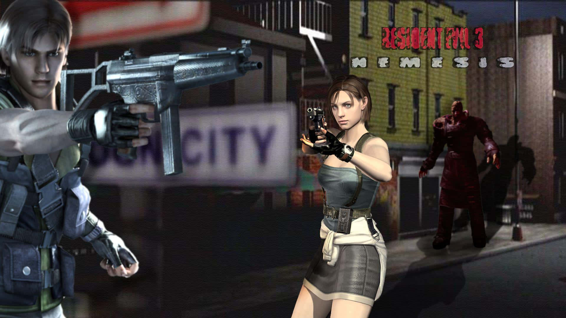 Caption: Intense Battle Against Nemesis In Resident Evil Wallpaper