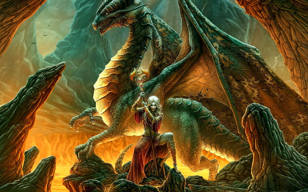 Caption: Majestic Dragon In Enchanting Fantasy Landscape Wallpaper