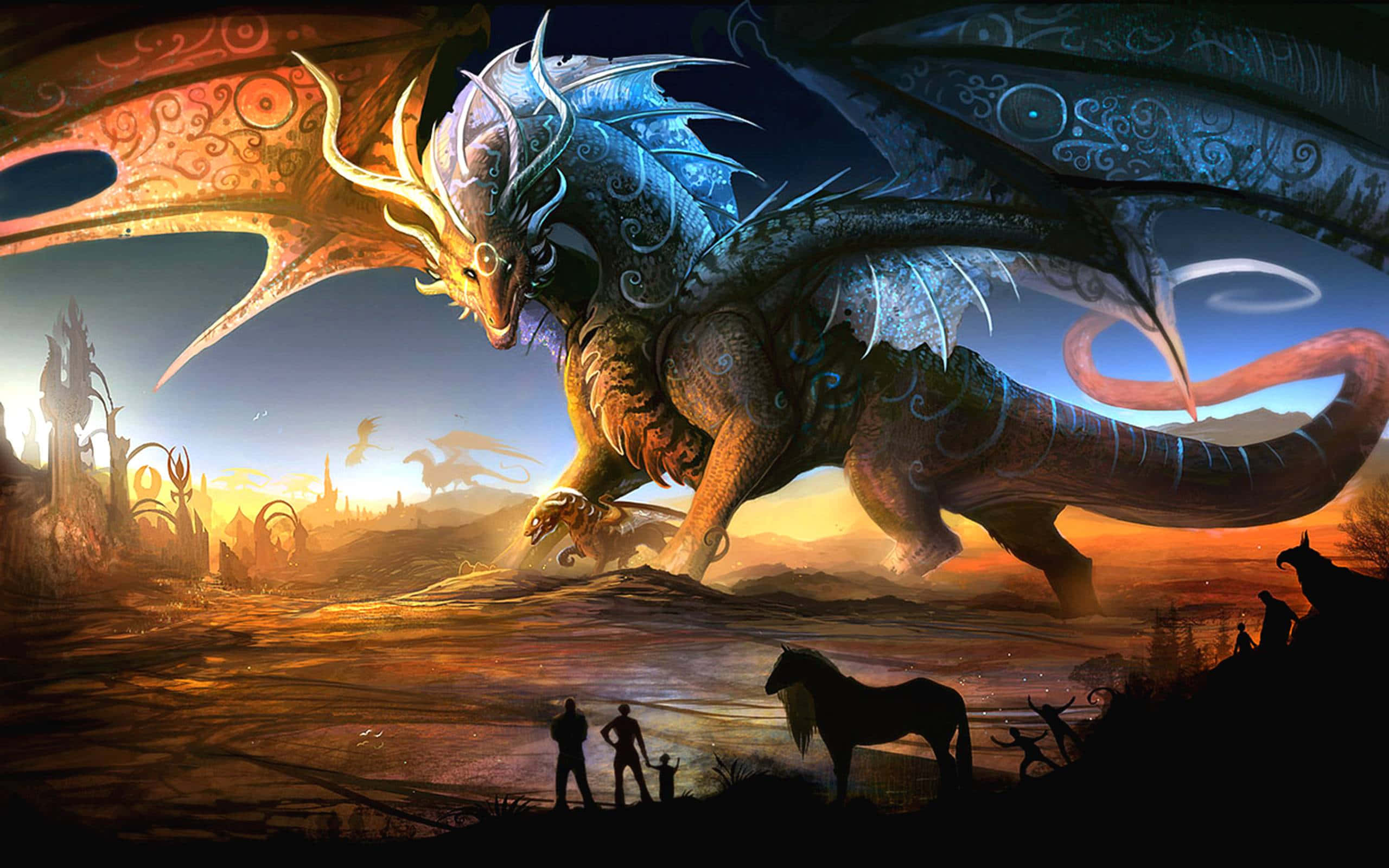 Caption: Majestic Dragon Overlooking A Fantasy Kingdom Wallpaper