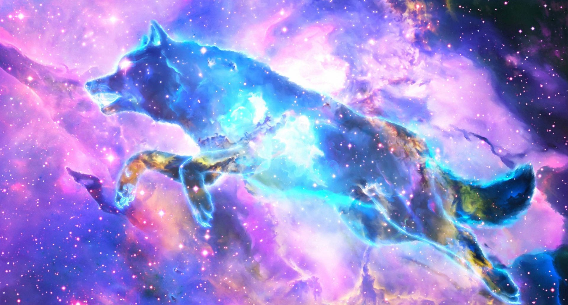 Caption: Majestic Galaxy Wolf - A Mystical Journey Through The Cosmos Wallpaper