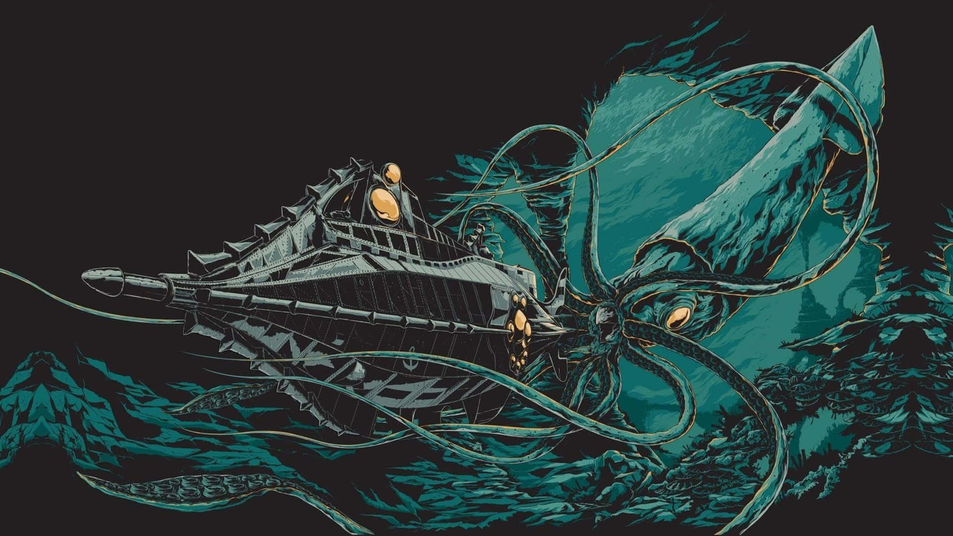 Caption: Majestic Giant Squid Exploring The Deep Blue Sea Wallpaper
