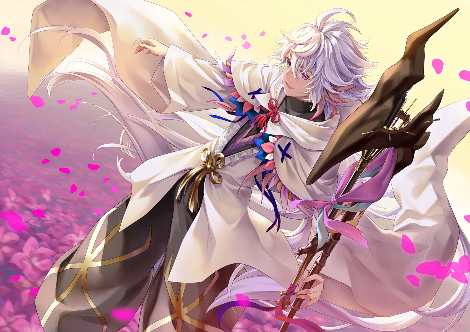 Caption: Masterful Magician Merlin In Action In Fate Grand Order Wallpaper