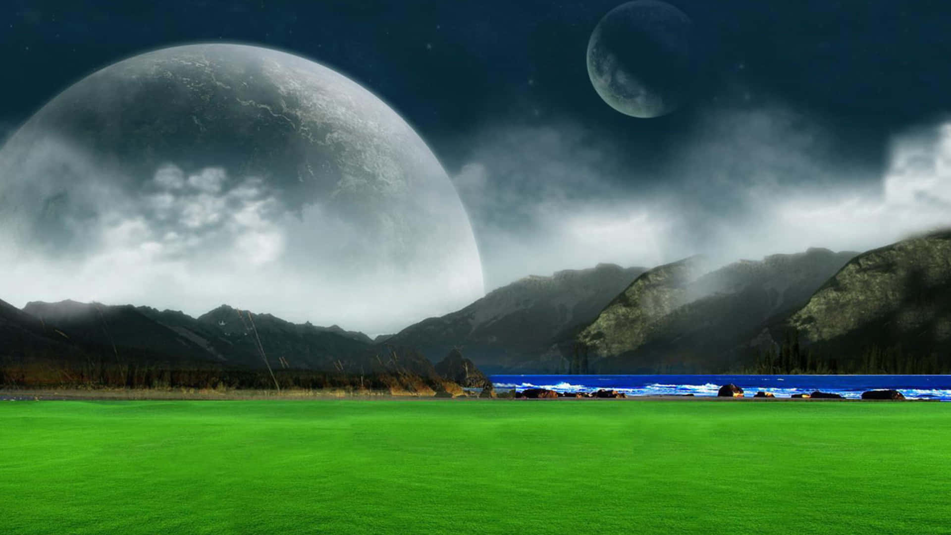 Caption: Mystical Moon Landscape Wallpaper