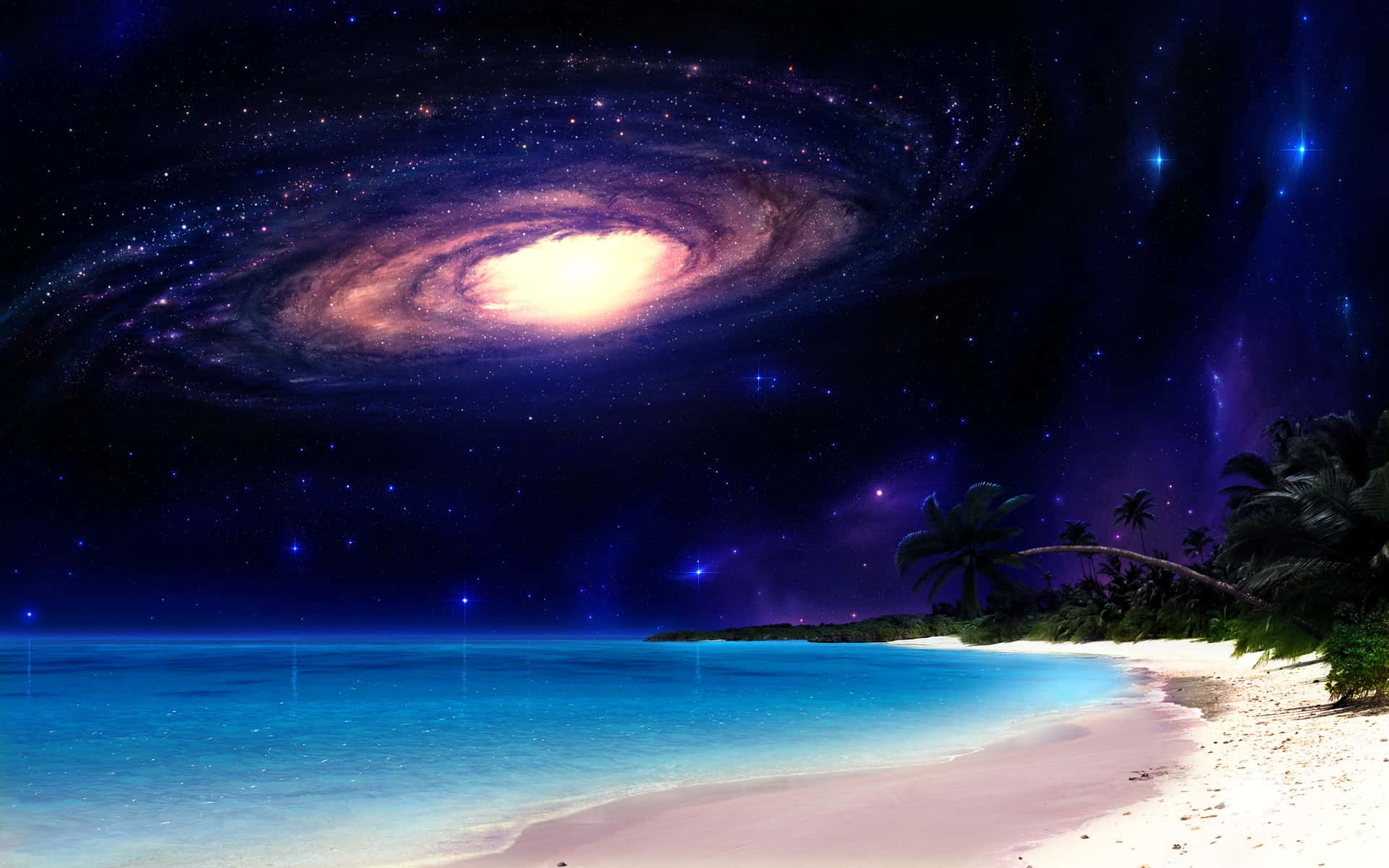 Caption: Mystical Sci-fi Beach Under A Galaxy Sky Wallpaper