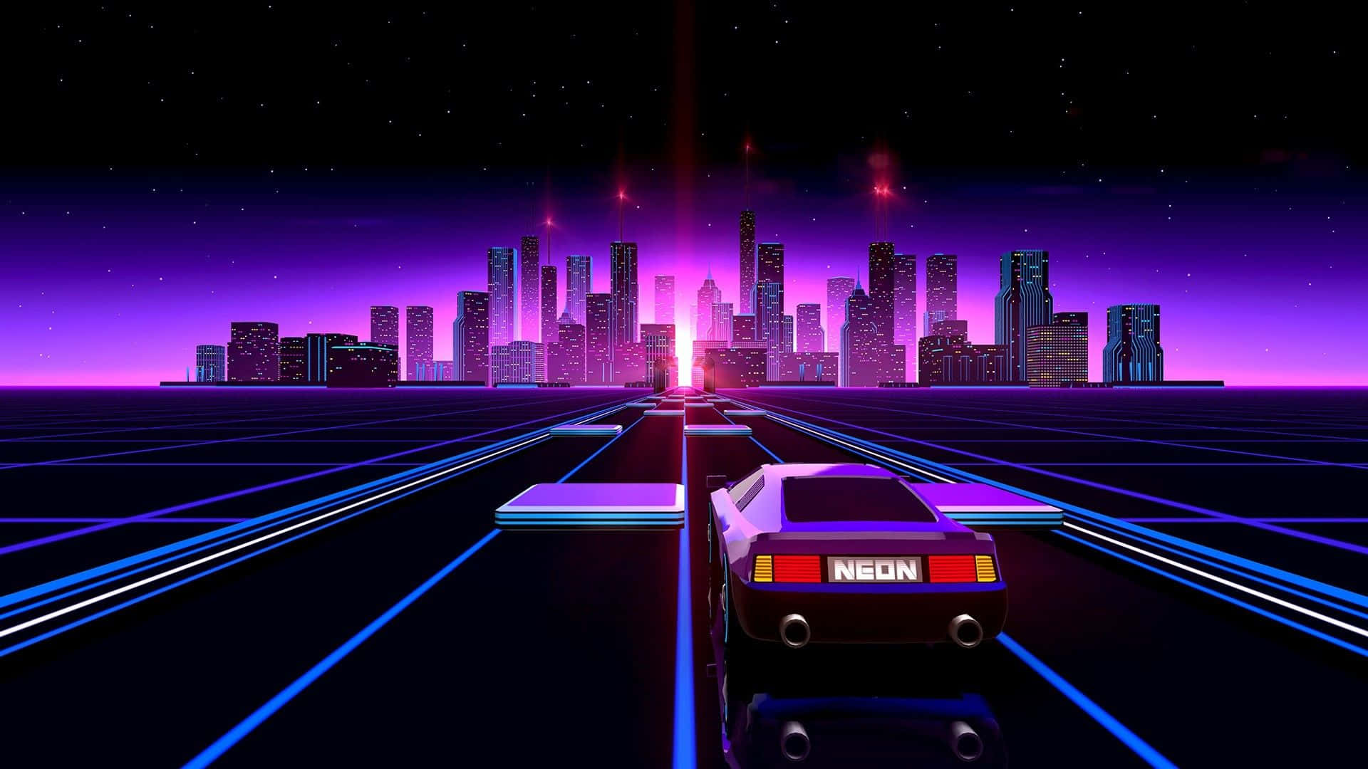 Caption: Retro Neon City Nightscape Wallpaper