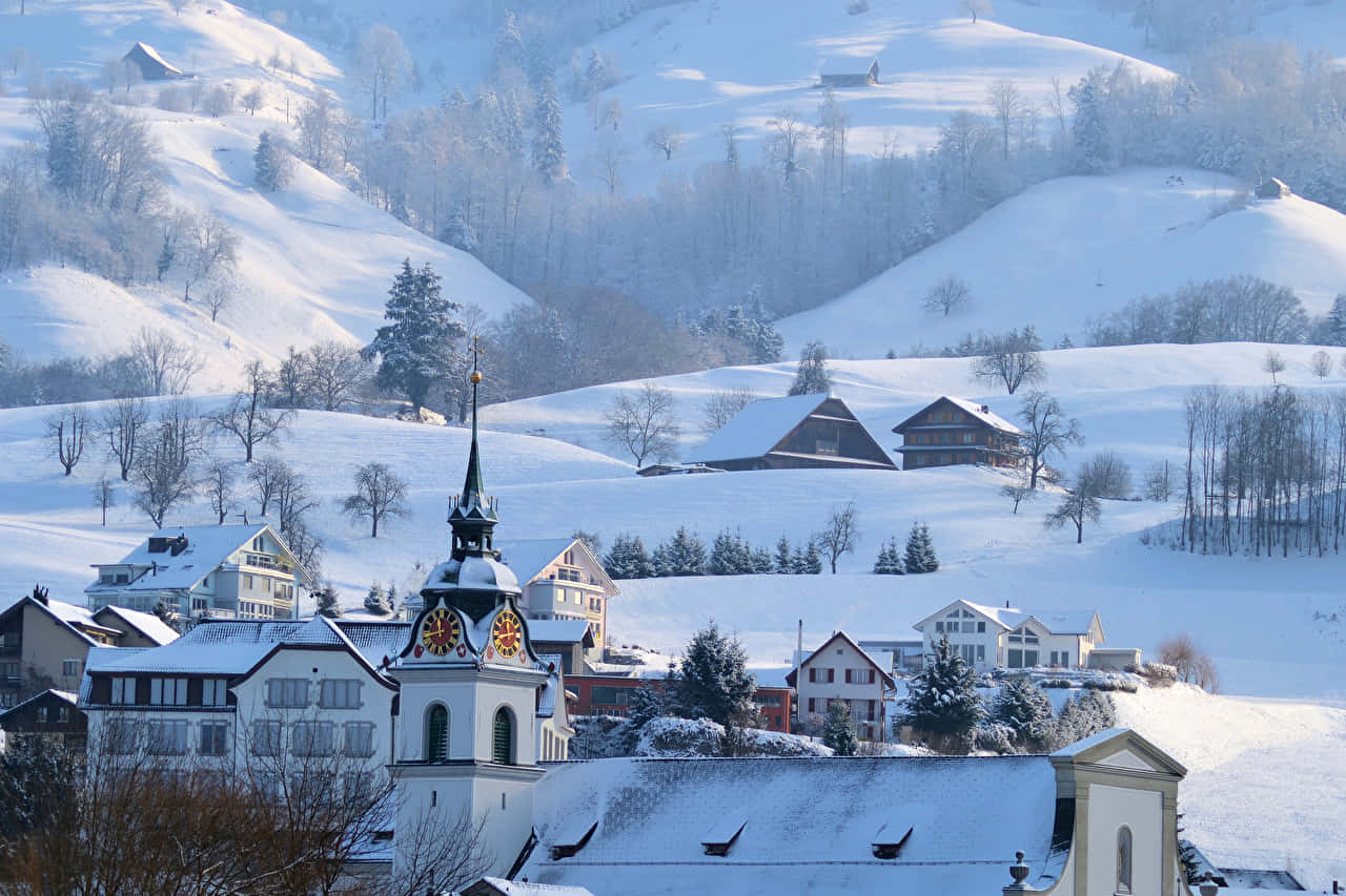 Caption: The Stunning Panoramic View Of Zug City At Sunset Wallpaper