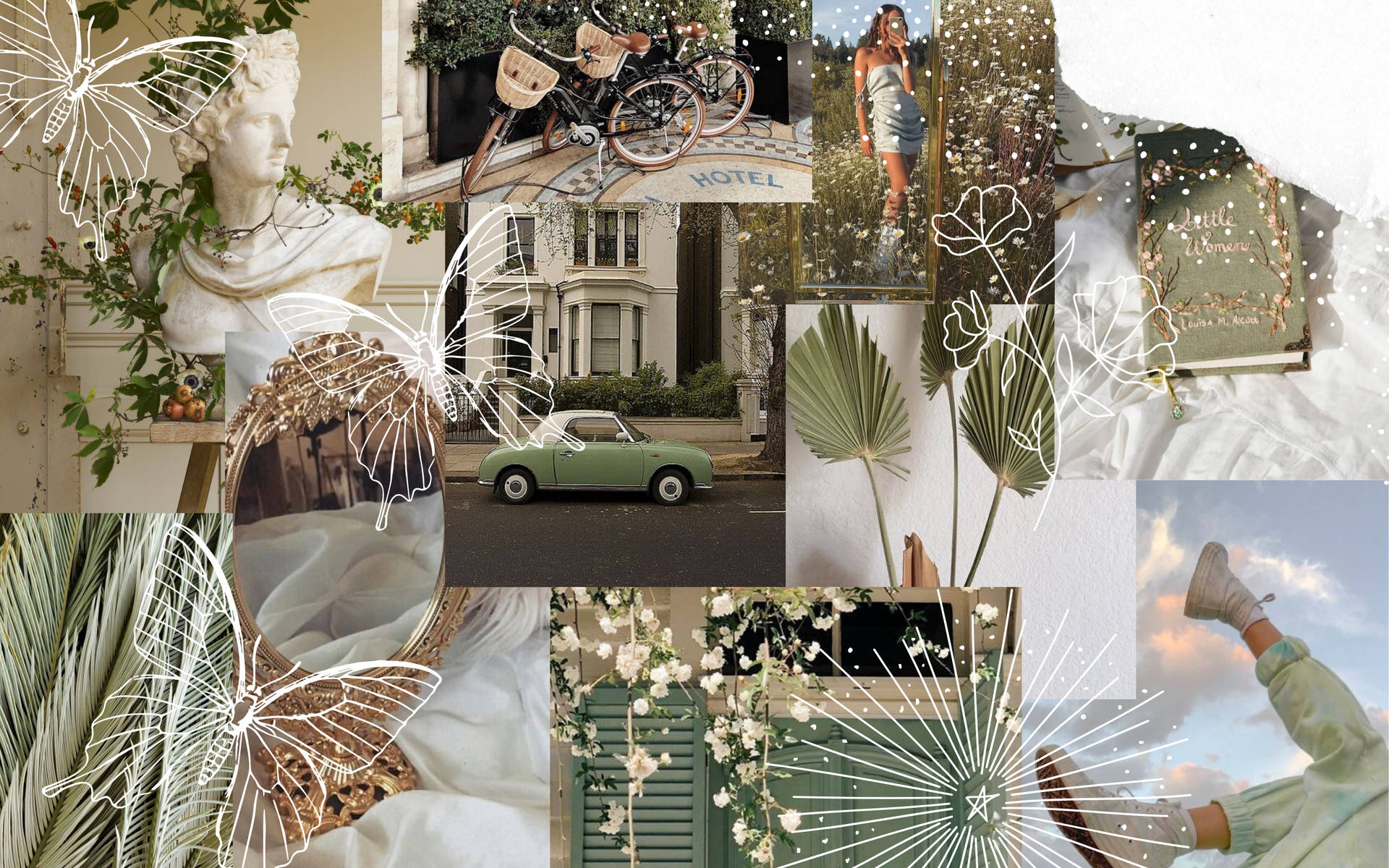 Caption: Vibrant Sage Green Collage Artwork Wallpaper