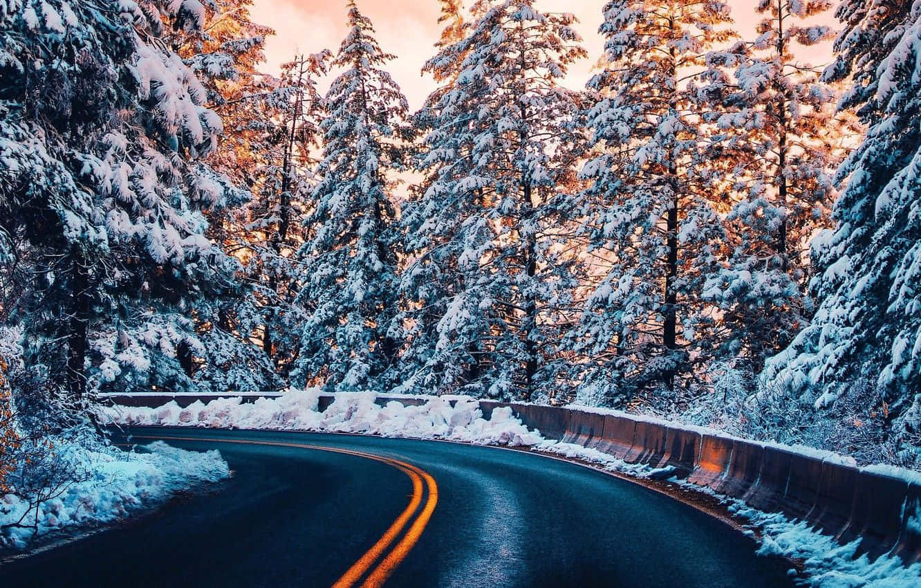 Captivating Winter Scenery On A Snowy Road Wallpaper