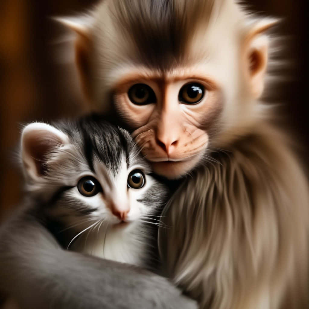 Capuchin Monkeyand Kitten Friends Wallpaper