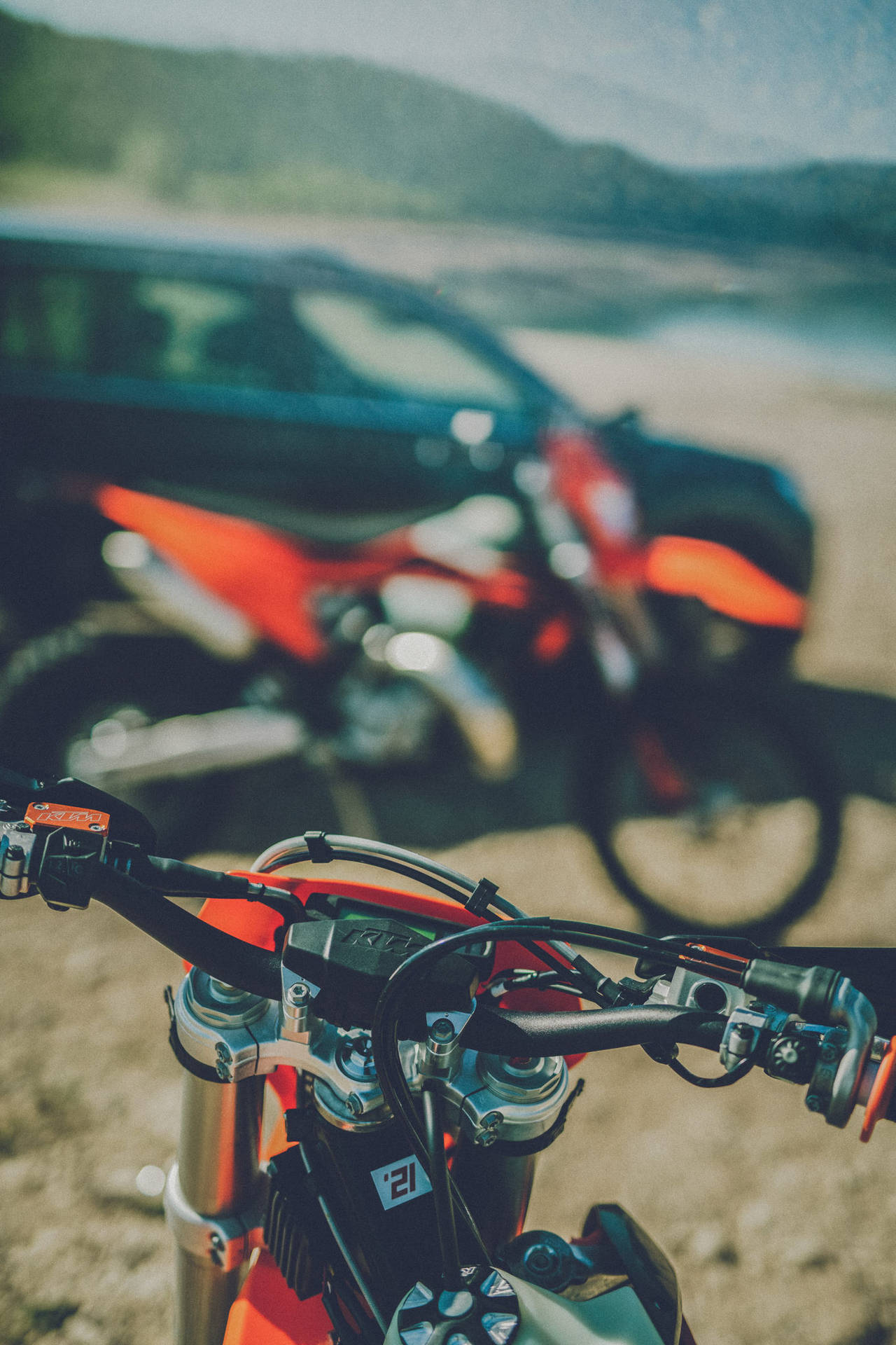 Car and Two Motorcycles KTM iPhone Wallpaper