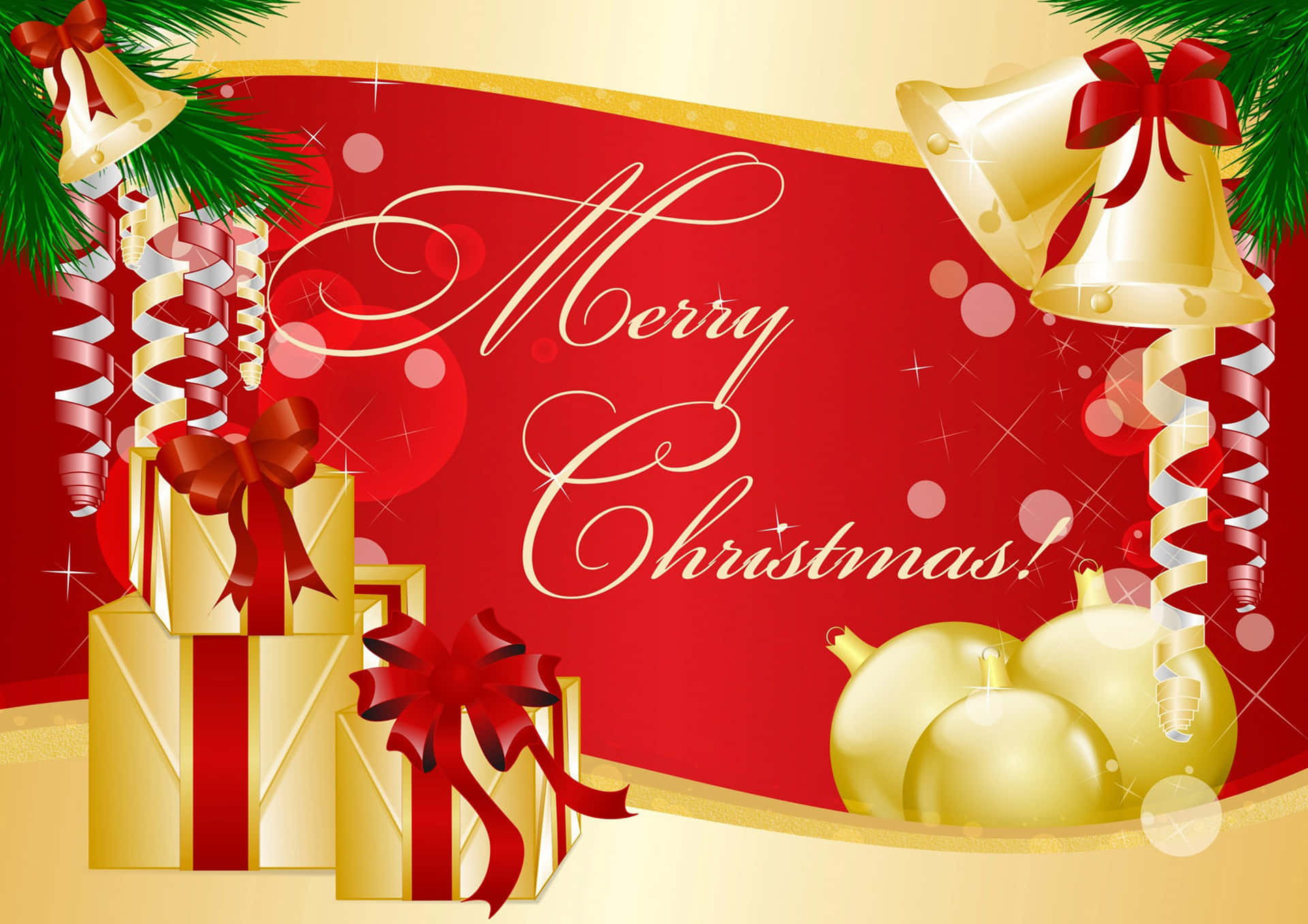 Weihnachtlichewallpaper Mit Goldenen Glocken Und Geschenken