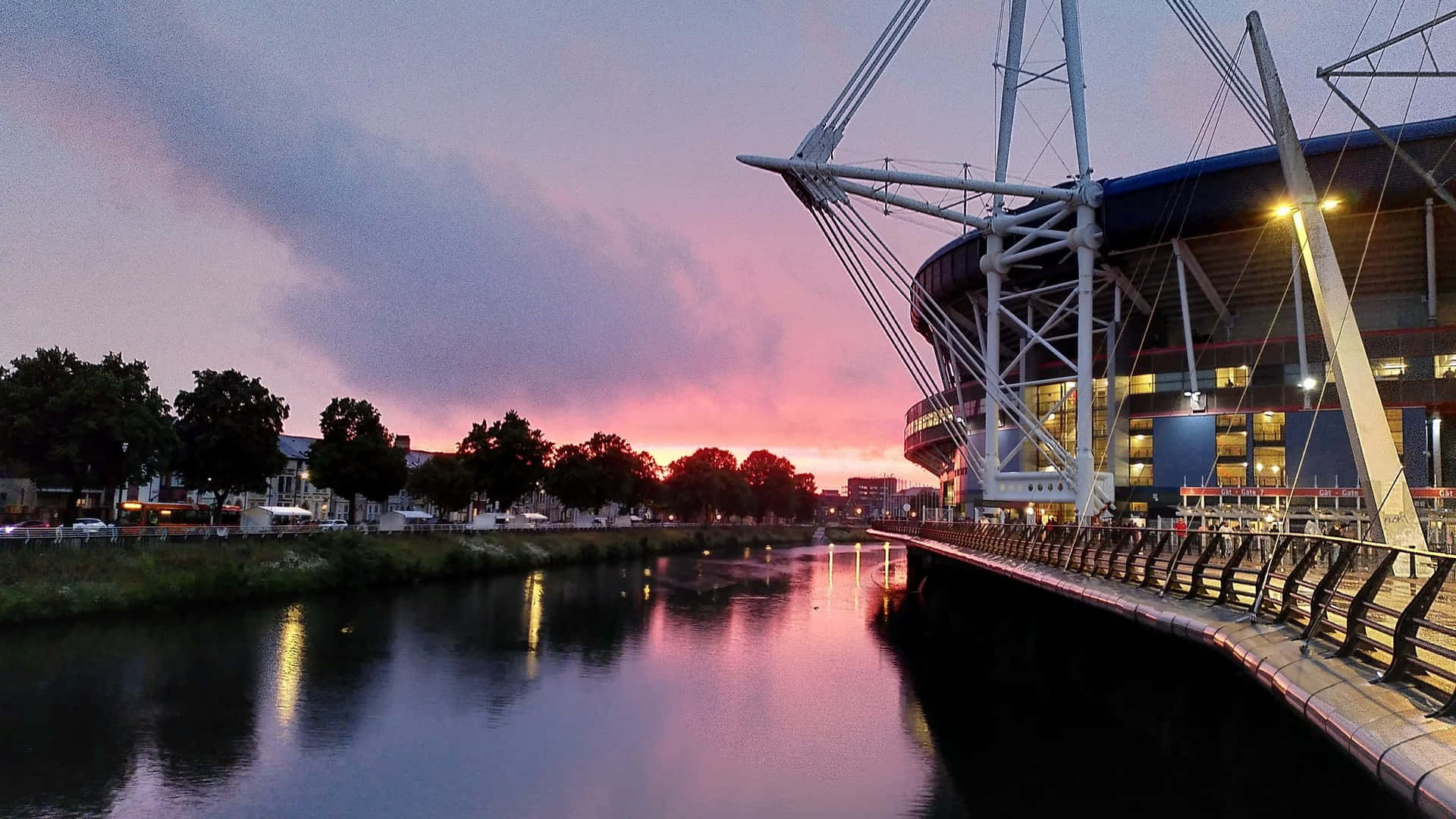 Cardiff Stadium Sunset Reflection Wallpaper