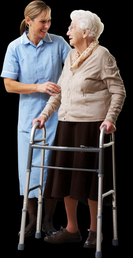 Caring Nurse Assisting Elderly Woman With Walker PNG