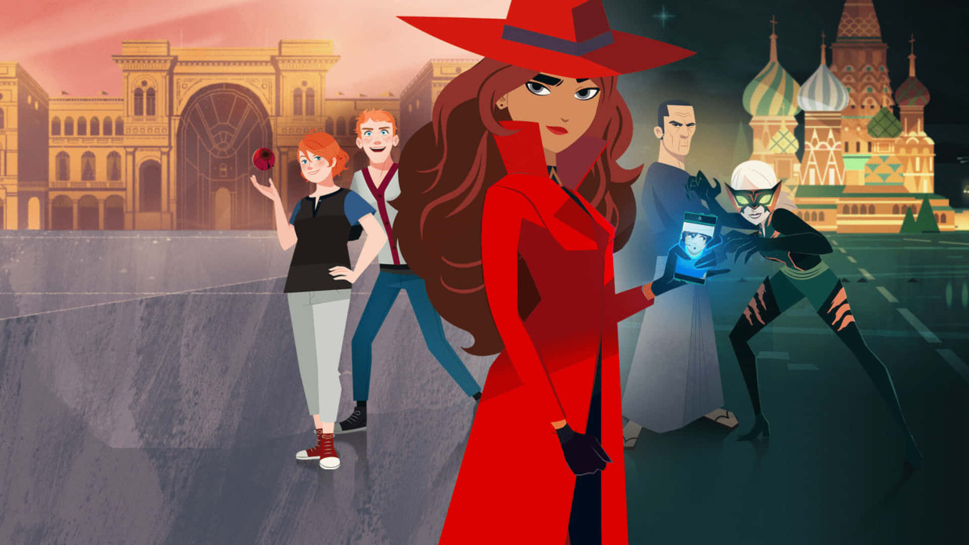 Playful Carmen Sandiego sneaking through the shadows Wallpaper