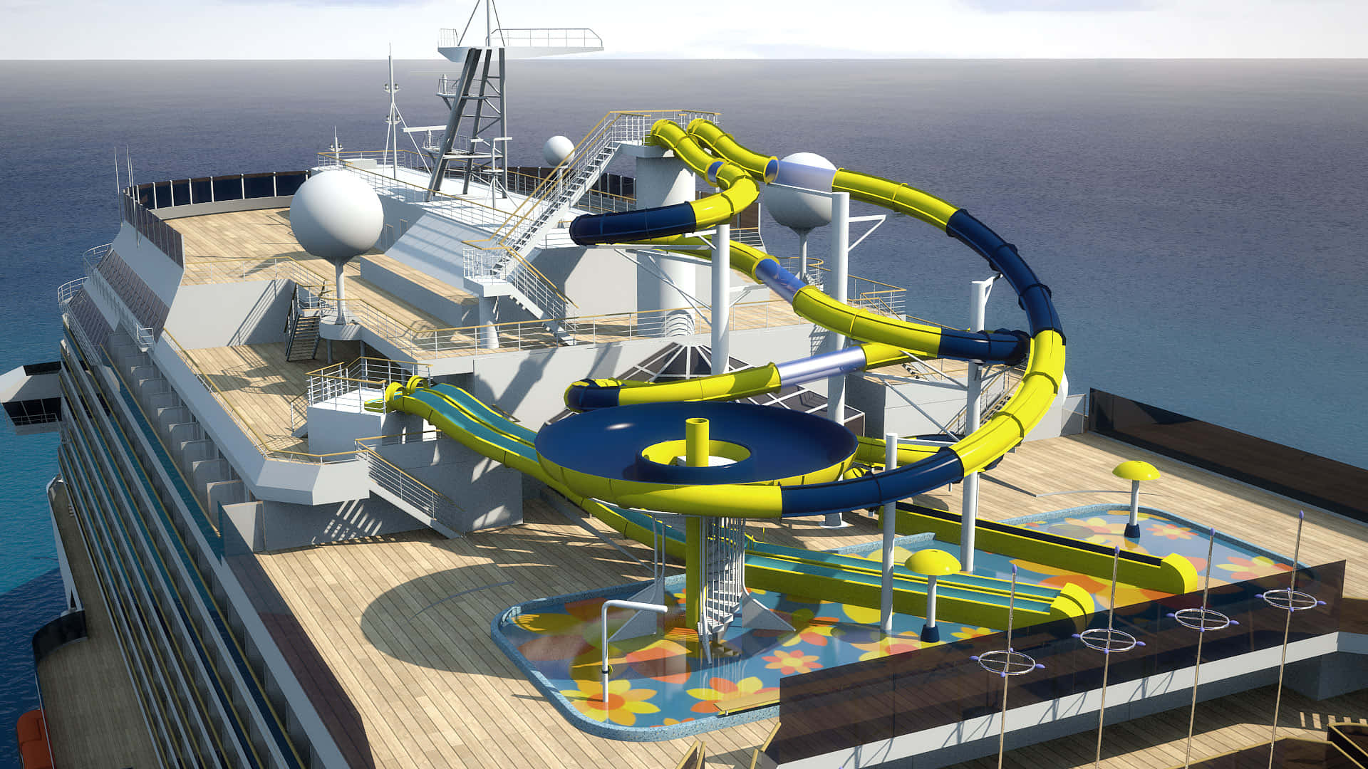 A Cruise Ship With A Water Slide On The Deck