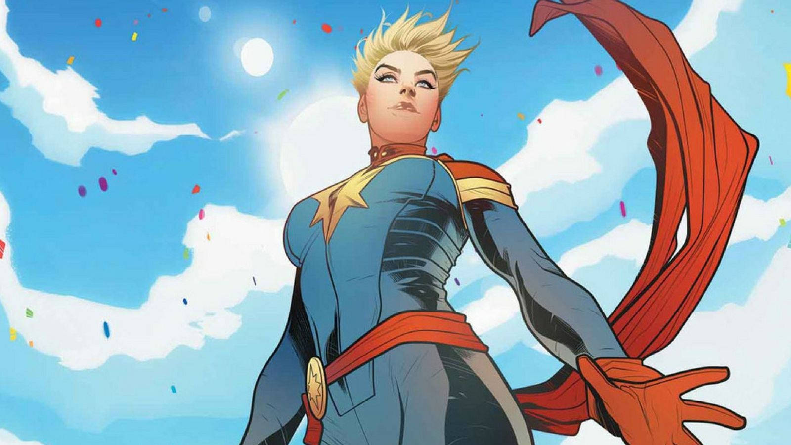 Superhero Carol Danvers in her Captain Marvel suit Wallpaper