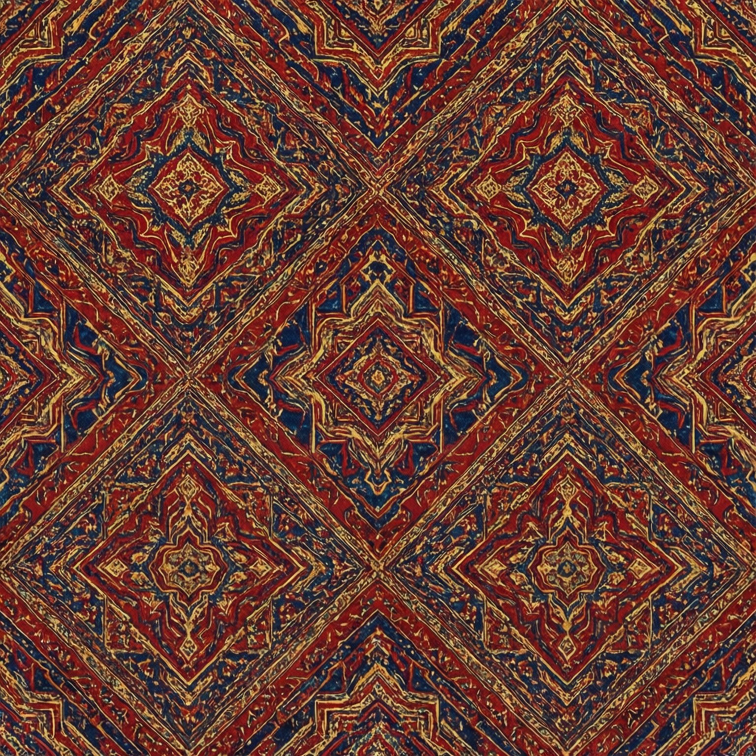 Carpet Geometry Wallpaper — An intricate vintage rug pattern featuring repeating diamond medallions in deep red navy and gold on a textured background.
