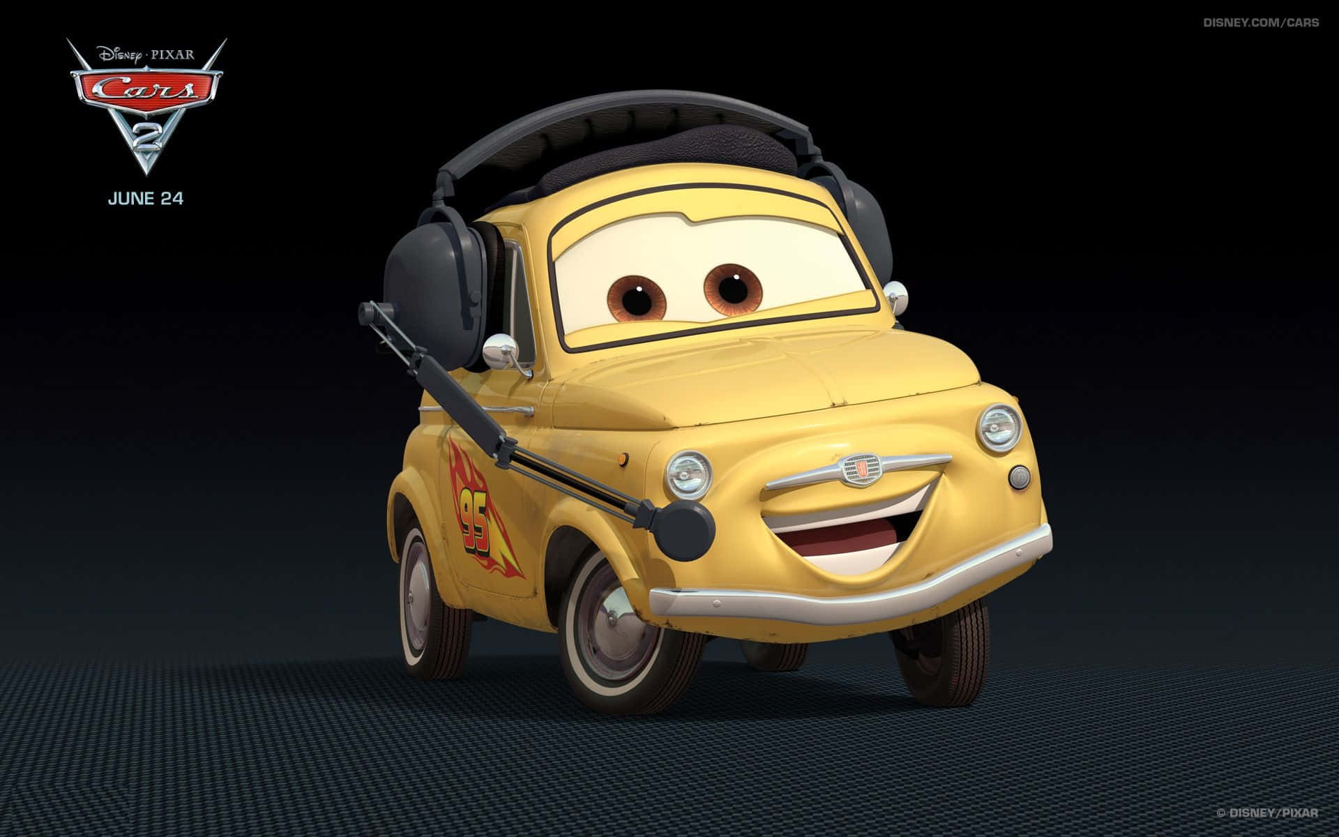 A Cartoon Car With Headphones On Is Smiling
