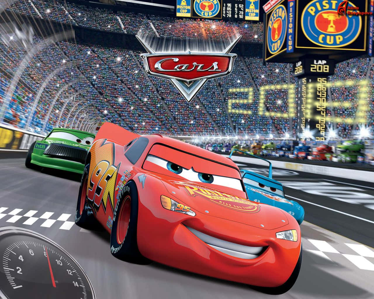 Disneycars Kører Racerløb I Et Stadion.