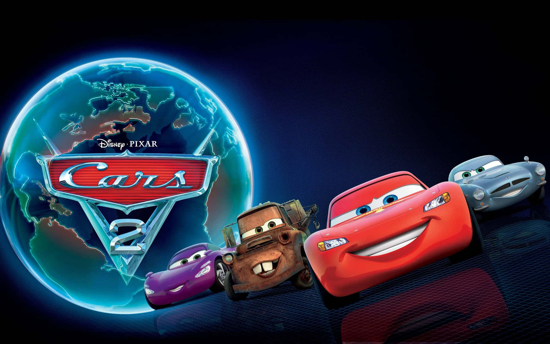 Cars2 - Ein Film Mit Autos Vor Einem Globus.