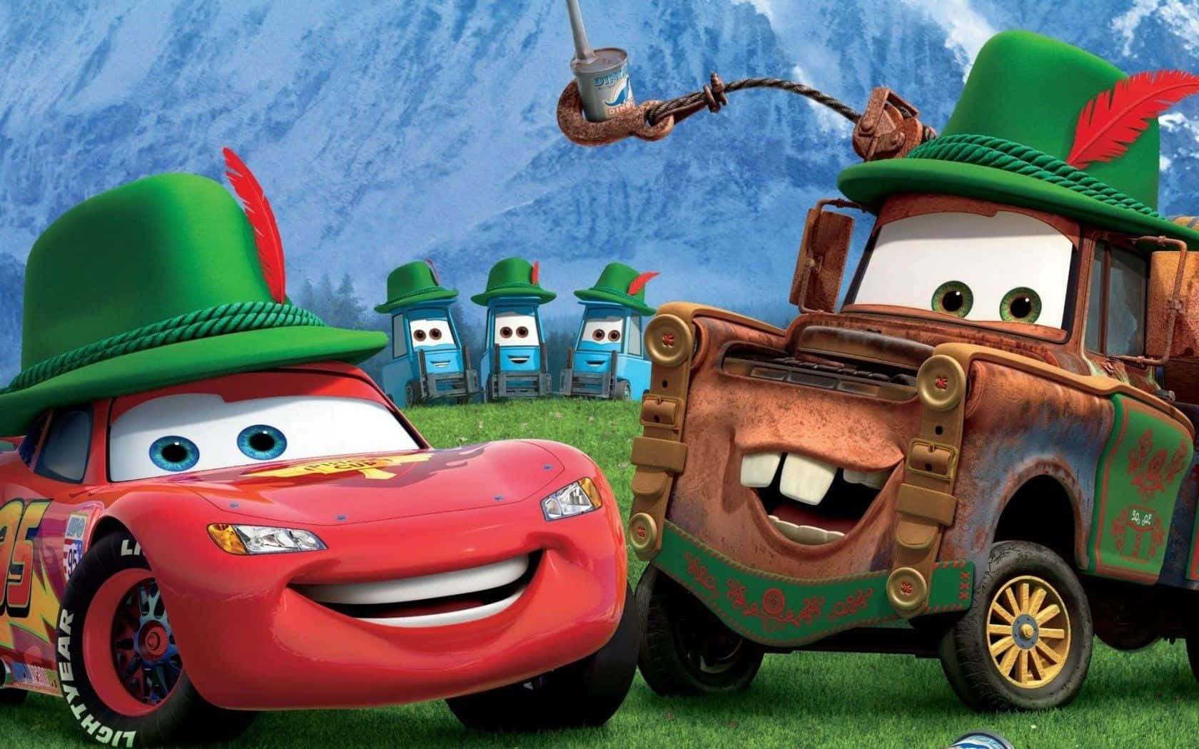 Disney Cars - A Cartoon With Two Cars In A Green Hat