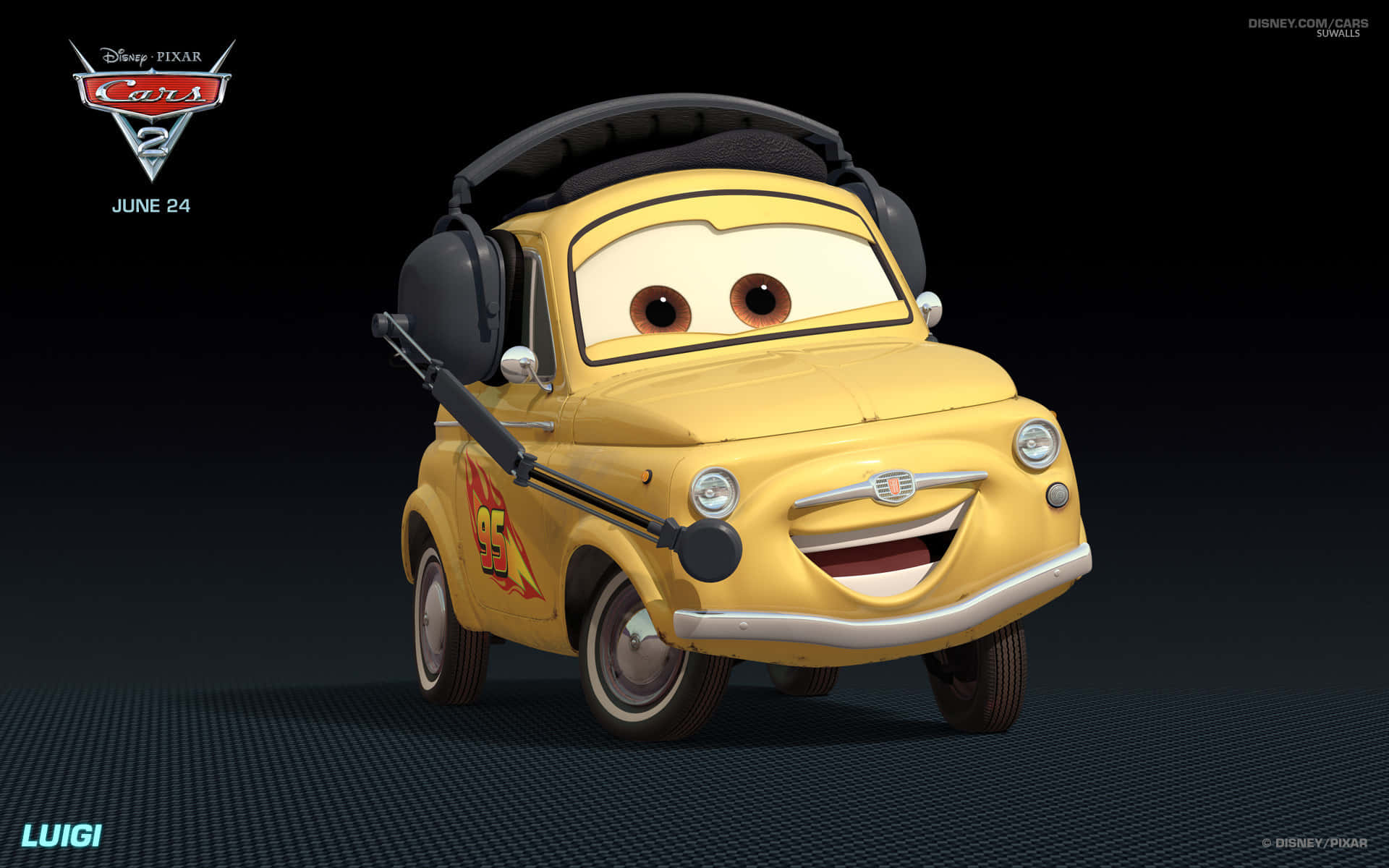 A Cartoon Car With Headphones And A Smile