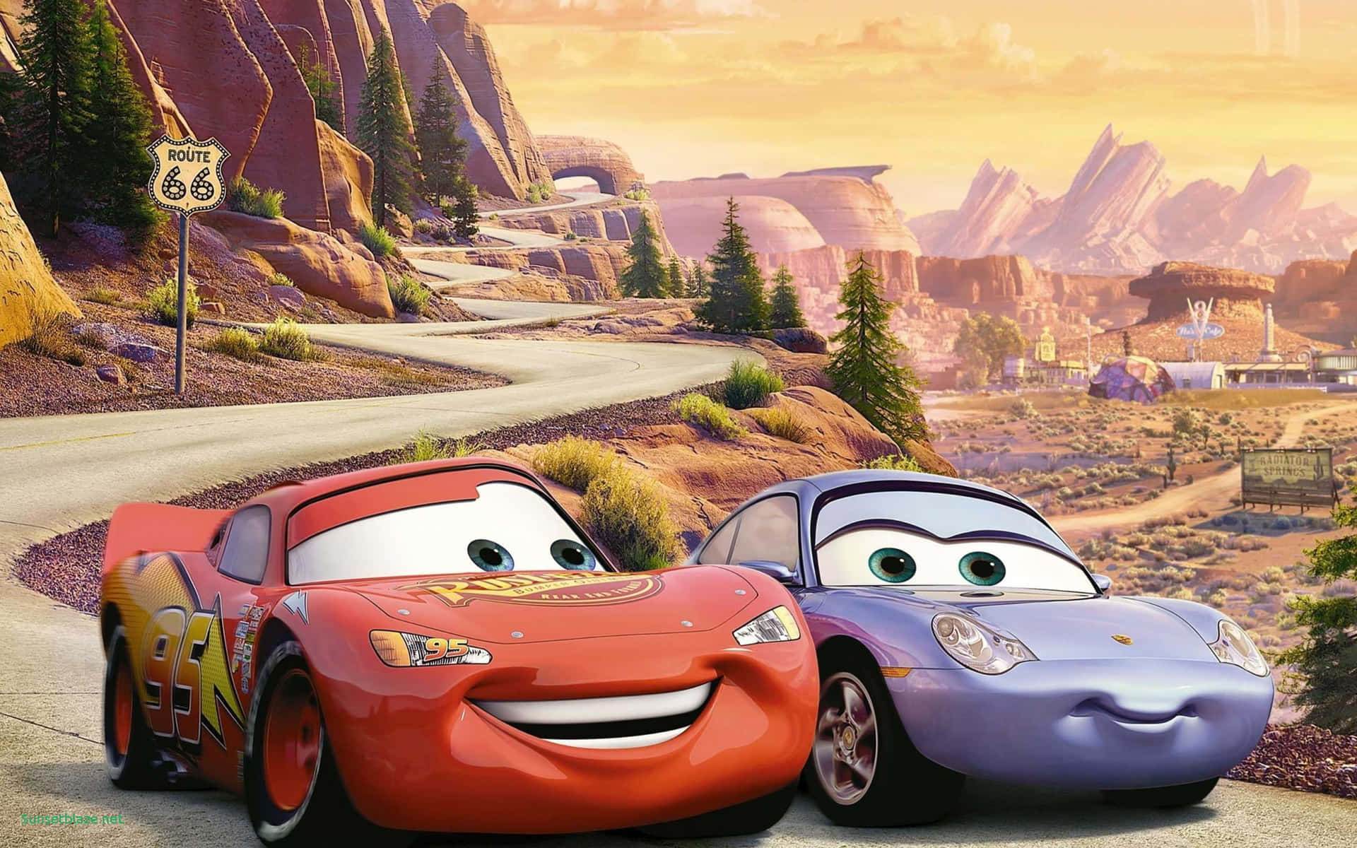 Mater and friends speed through the rain in Cars 2