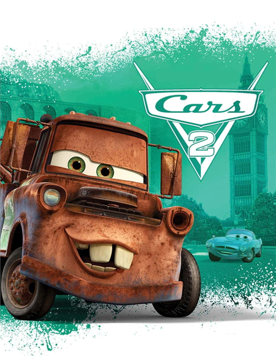 Biler2 - En Tegnefilm Bil Med En Sprøjtet Baggrund