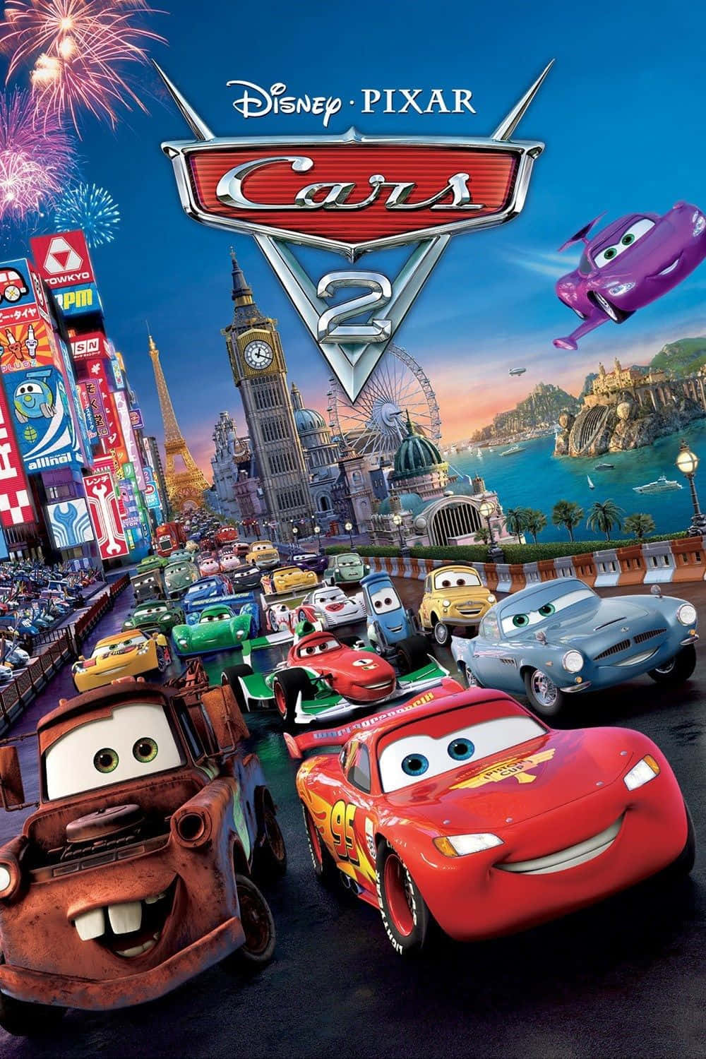 Cars 2 Movie Poster With Cars And Fireworks