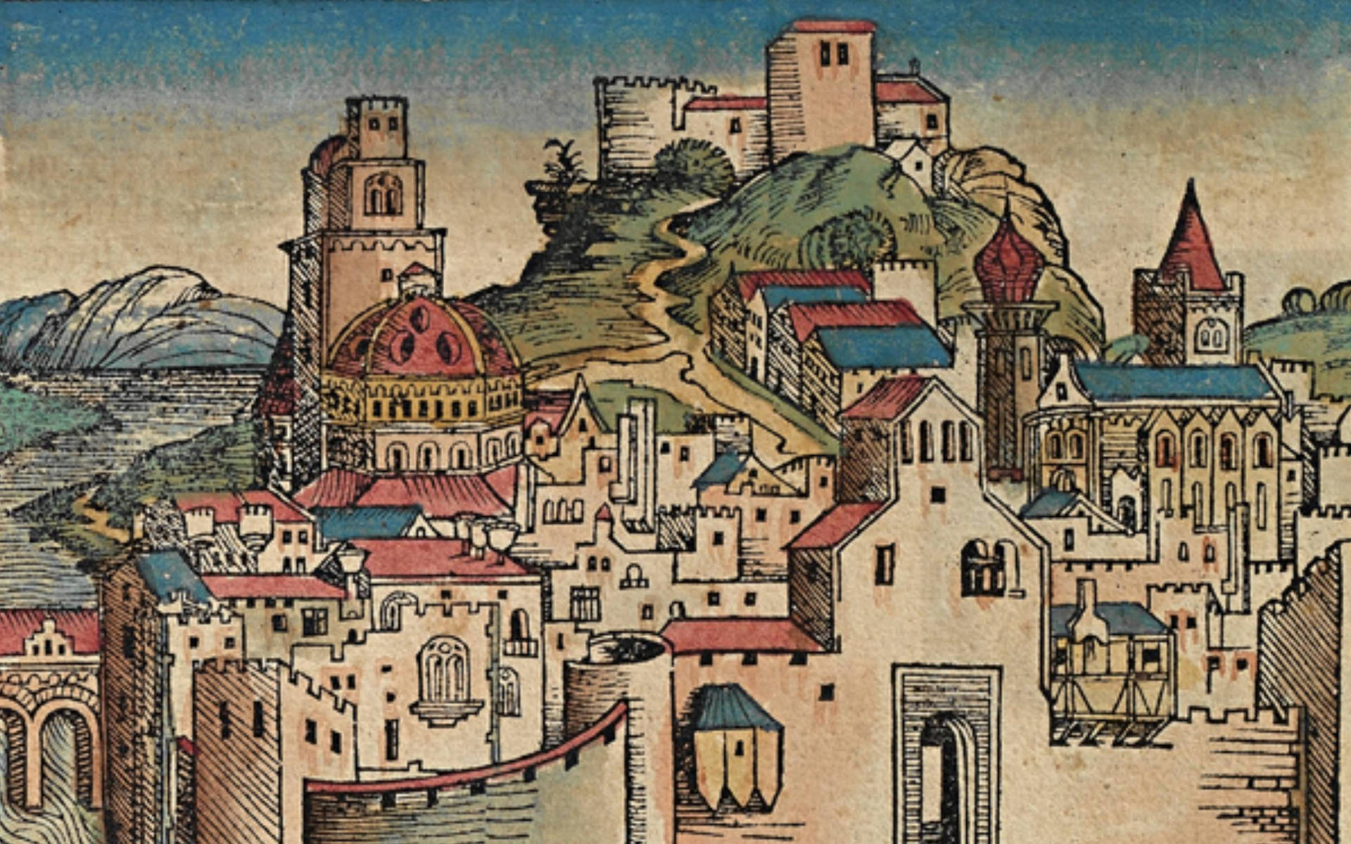 "Ancient Carthage from the Nuremberg Chronicle illustration" Wallpaper