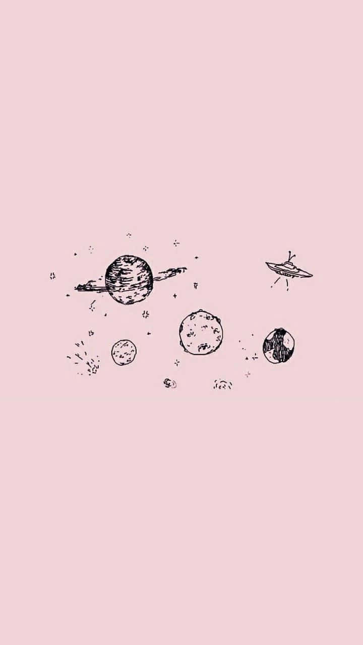 A Pink Background With A Drawing Of Planets And Stars Wallpaper