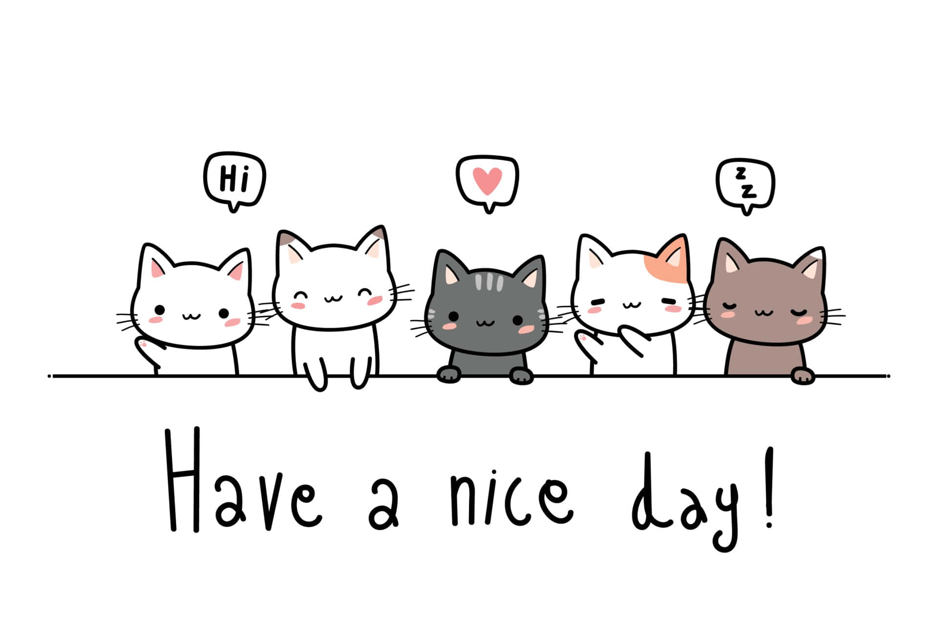 En gruppe katte sidder sammen med ordene have en god dag skrevet nedenunder. Wallpaper