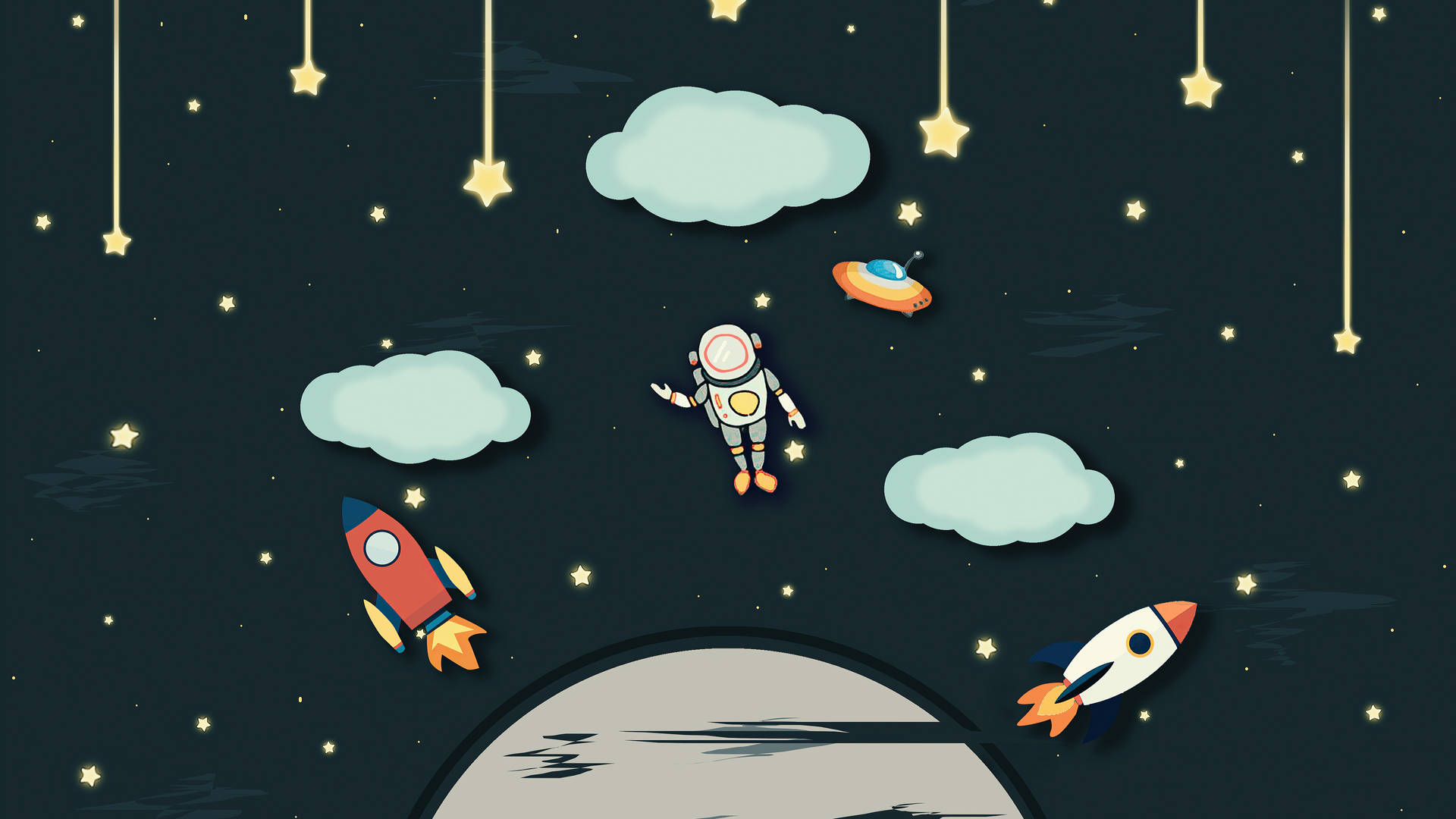 Cartoon Astronaut Among Rocket Ships
