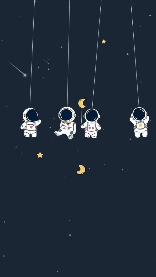 Cartoon Astronaut Group Hanging From Strings Wallpaper