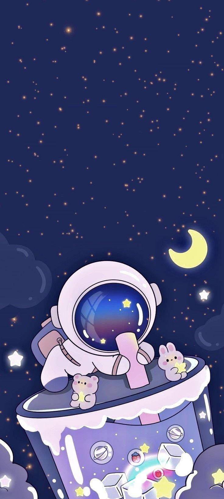 Cartoon Astronaut Sipping From Large Cup Wallpaper