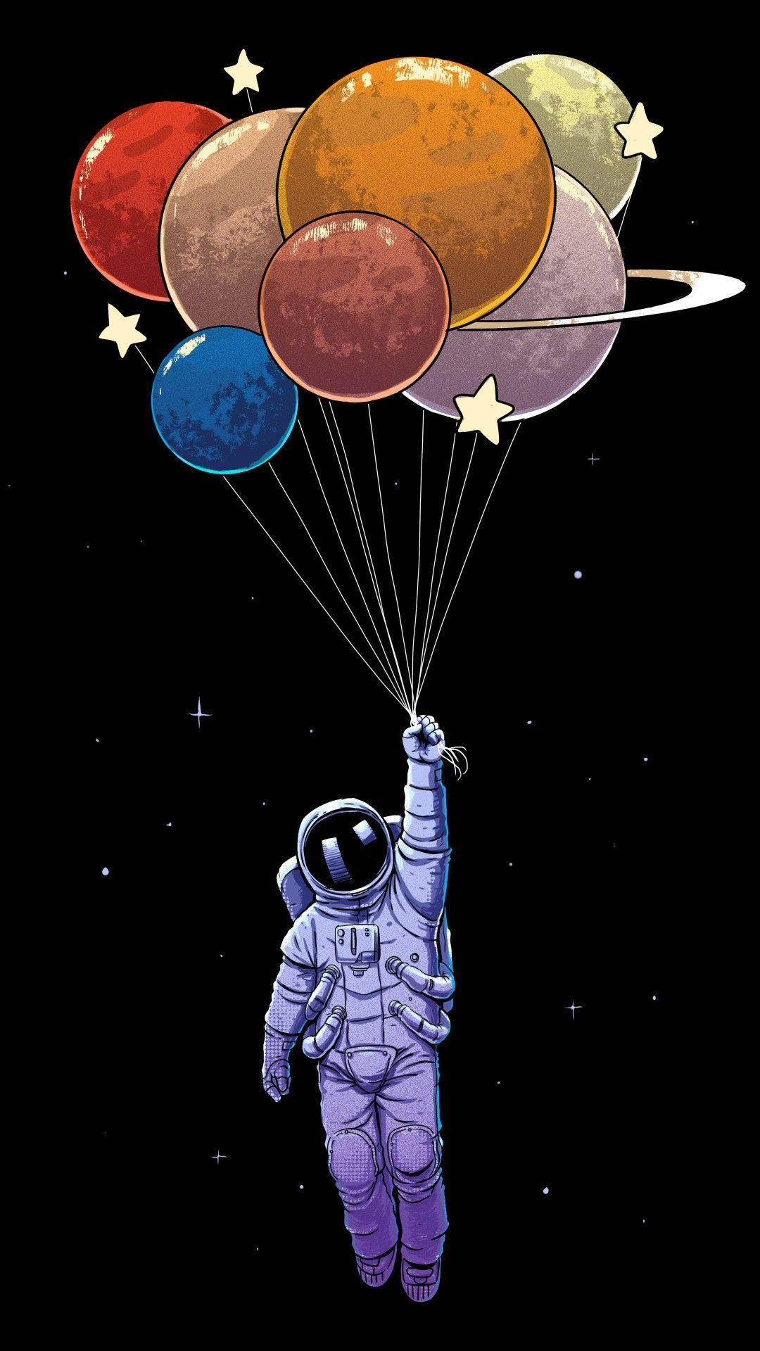 Cartoon Astronaut With Planet Balloons Wallpaper