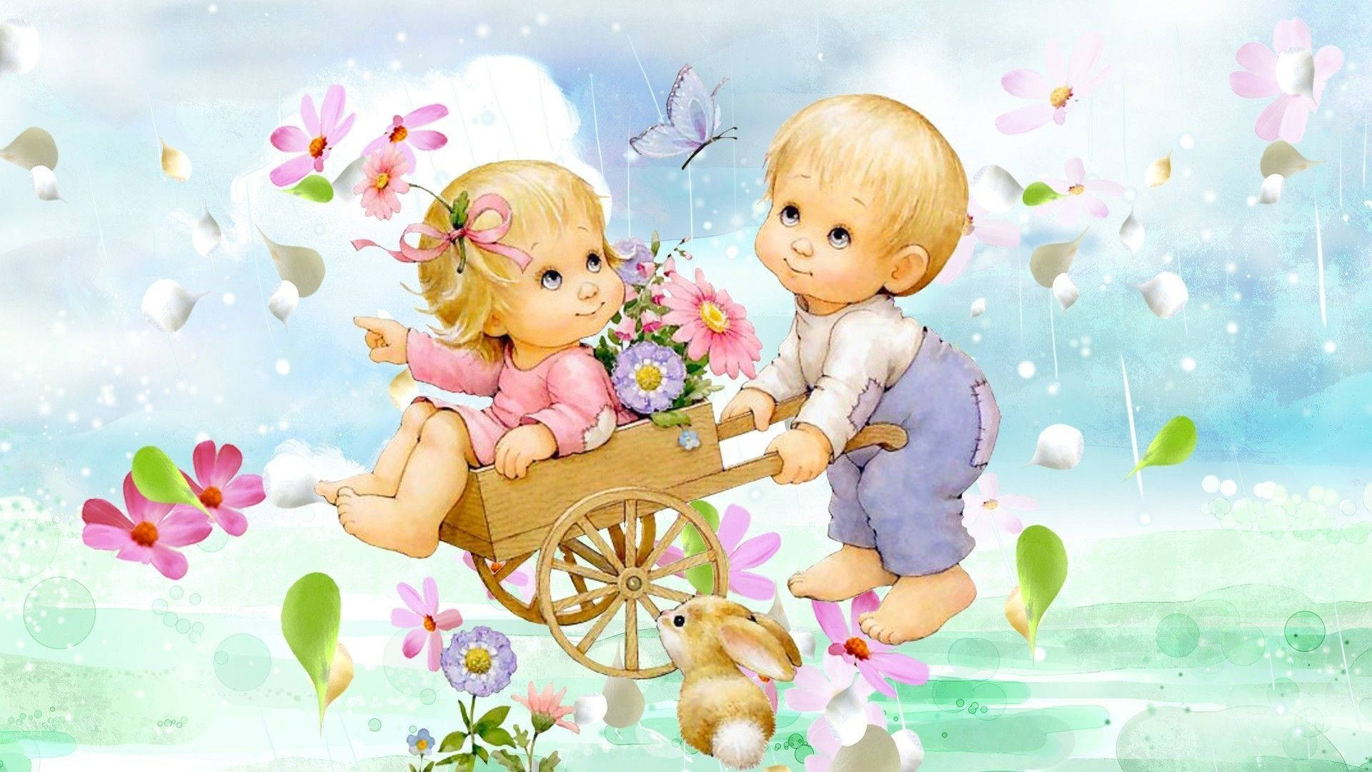 Cartoon babies playing with flowers and butterflies wallpaper.