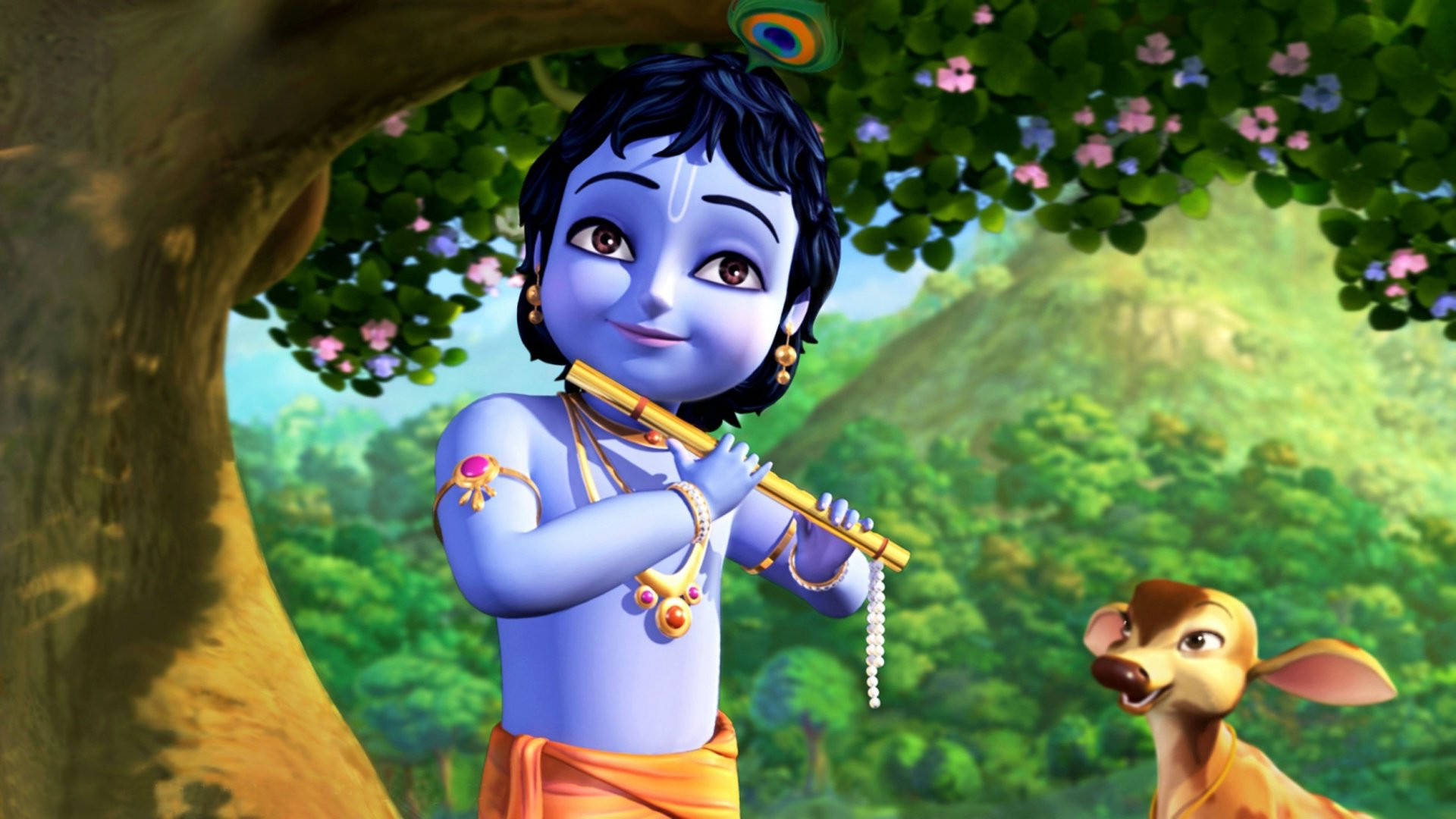 Download Cartoon Bal Krishna Playing The Flute Wallpaper 
